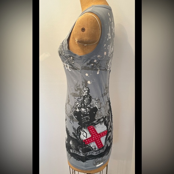 VTG Rebel Spirit A Royal Way Of Life Dress Top Unicorns Knights Crosses Womens L - Picture 2 of 15